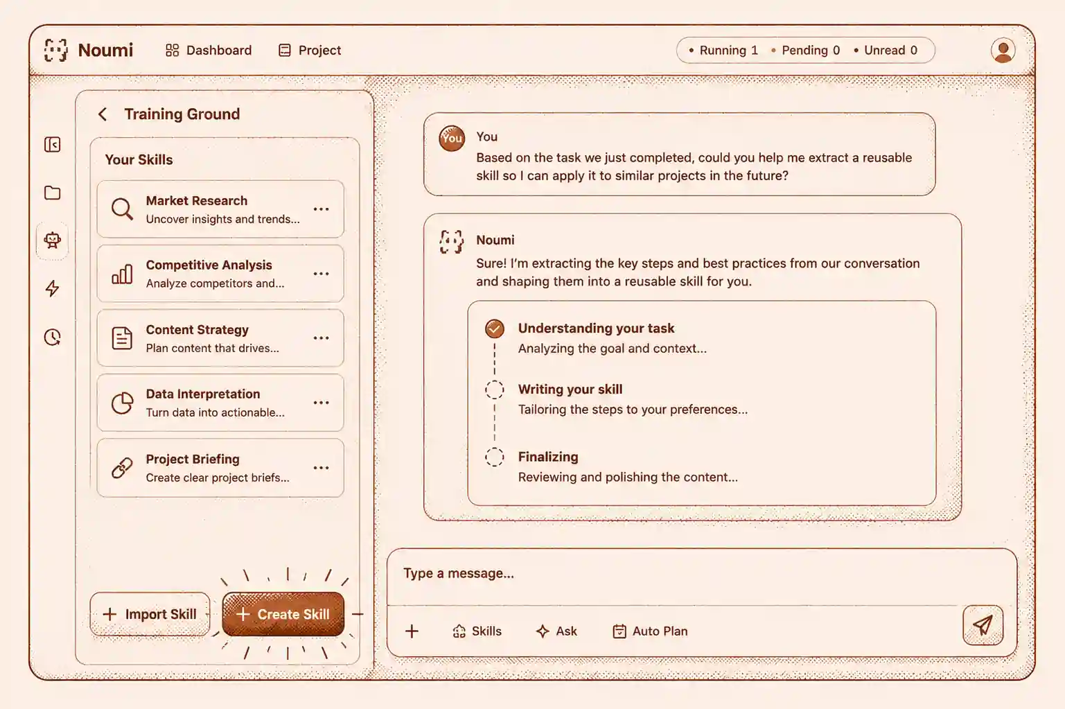 Agent Training Ground interface for uploading templates, SOPs, and workflow guides to train custom AI skills that extract methodology and apply user standards automatically
