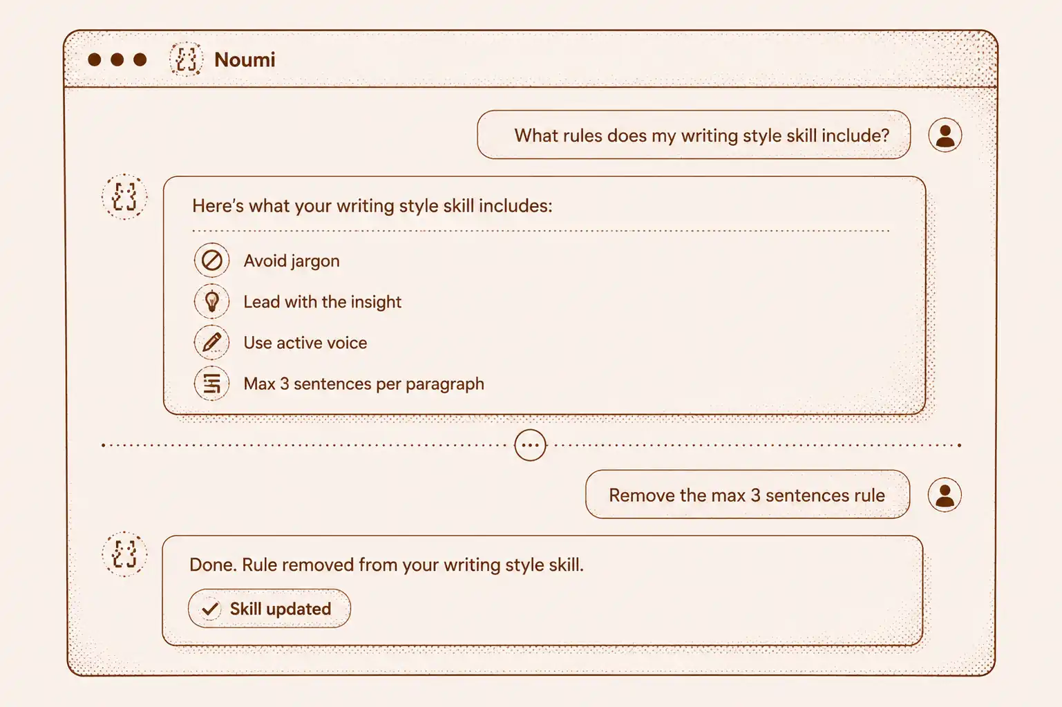 Conversational AI skill management interface allowing users to inspect, edit, promote, demote, or delete custom skills using plain language commands